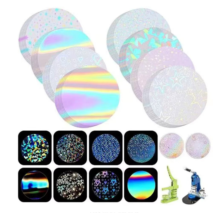 Jiggle Laser-Folien-Badge-Maschine 58mm ohne Schneiden mit Glanzfolien-Blechbadge-Maschine und Design-Kombinationsset für Glas-Splitter-Stern-Herz-Effekte - Bild 1