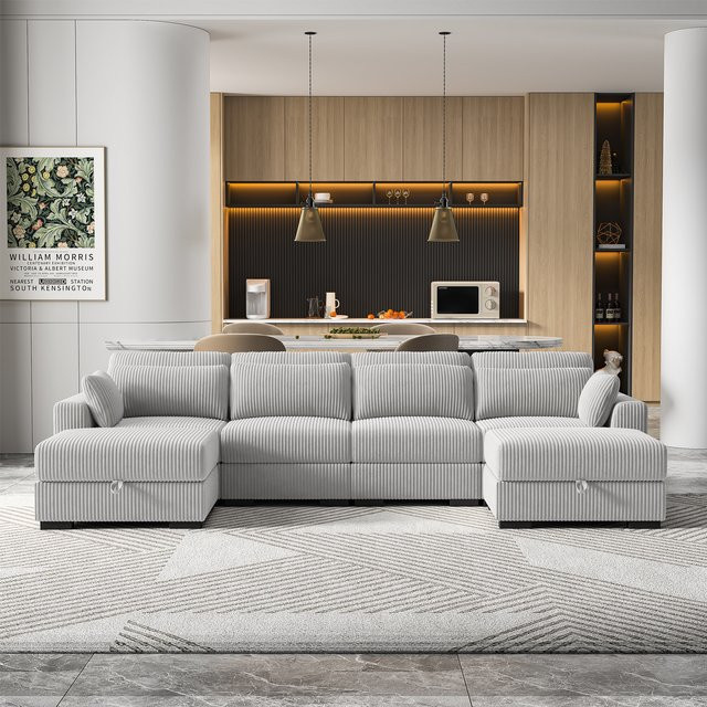 Anajqaqia Modulares Samtsofa in Grau mit passendem Fußhocker und breiten Armlehnen - Bild 1