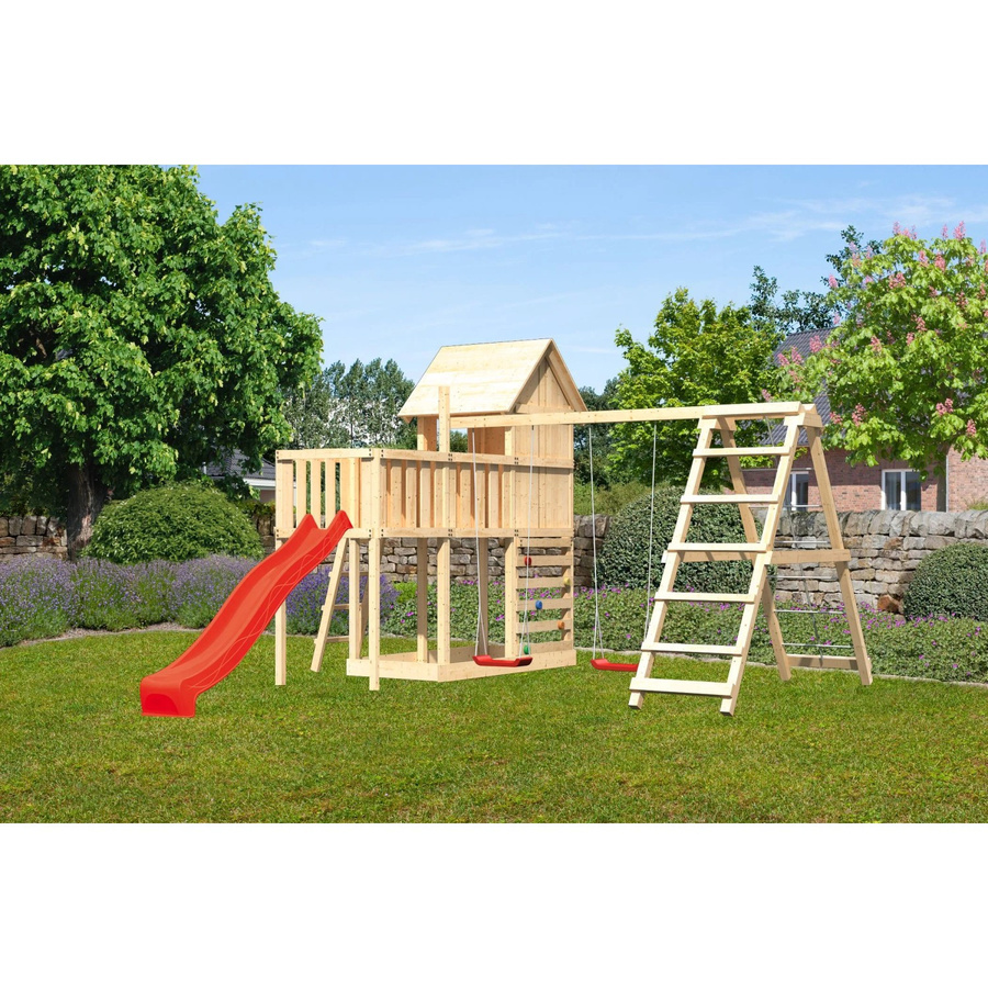Karibu Stelzenhaus Frieda Spielturm aus nordischer Fichte mit Schaukel, Rutsche und Sandkasten in Rot - Bild 2