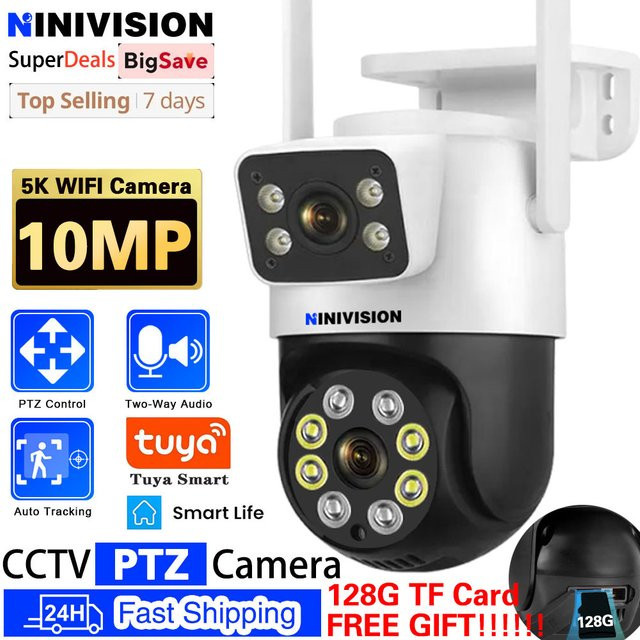 NINIVISION Outdoor WiFi IP Kamera mit 10MP 5K Dual Objektiv, Tuya Smart PTZ Wireless Home Security CCTV Video Überwachung mit Auto Tracking, Weiß - Bild 1