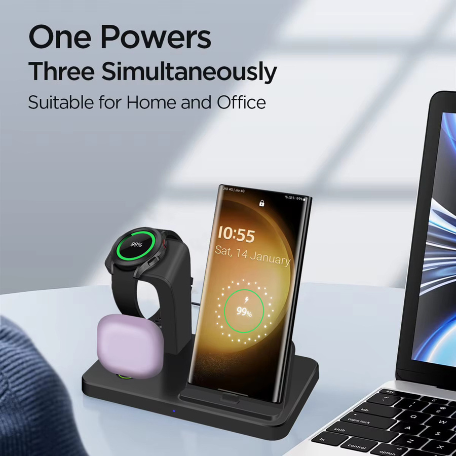 Samsung 3-in-1 Schnelles Kabelloses Ladegerät in Schwarz für Galaxy S24 S23 S22 Note 20 Z Flip Z Fold, Galaxy Watch und Buds - Bild 2