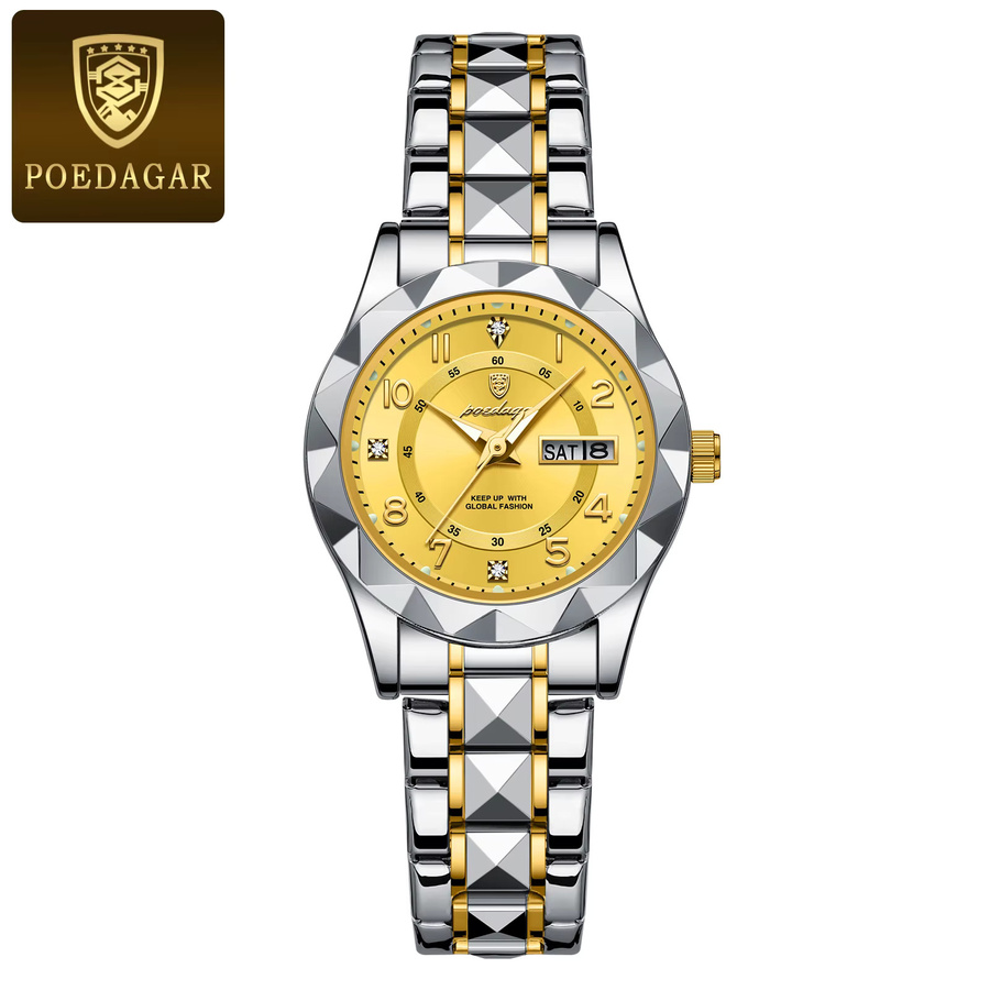 POEDAGAR Armbanduhr Damen, Quarz, Edelstahl, Datum, Wochentag, Gold - Bild 6