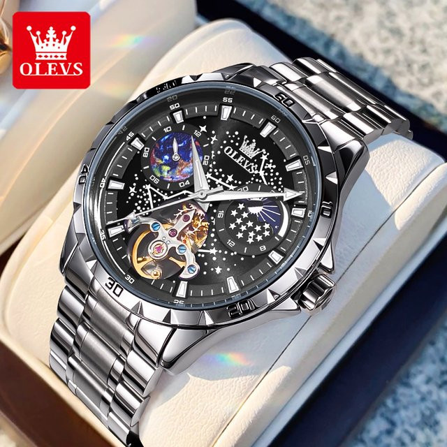 OLEVS Chronograph, Automatik, Edelstahl, Schwarz, Silber, Herren - Bild 1