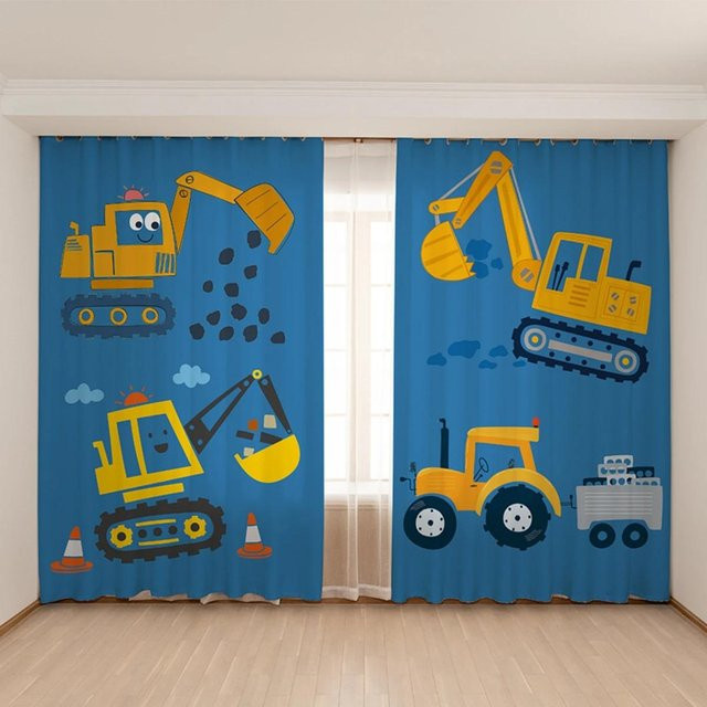 Yiran Furniture Verdunkelungsvorhang für Kinderzimmer mit Spielzeugauto Bagger Motiv, 2 Paneele, Blau Gelb, B: 55 cm, H: 120 cm - Bild 1