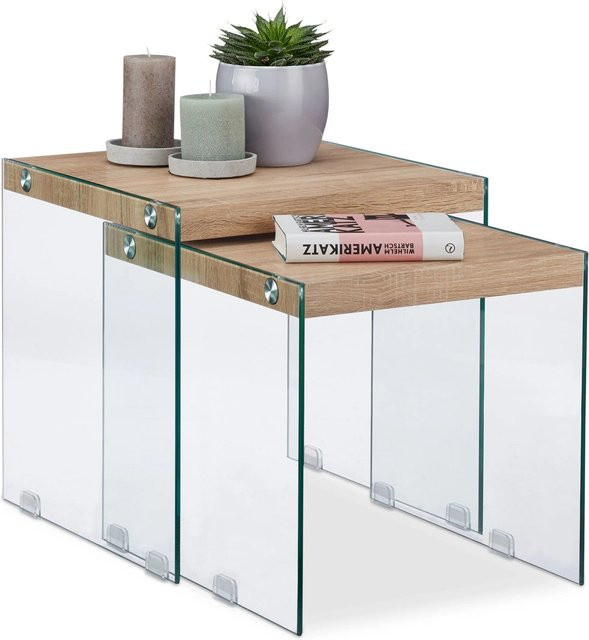 Relaxdays Satztisch 2er Set modern mit Glas und Holz in Transparent, B/T/H: 45 x 44,5 x 45 cm - Bild 1