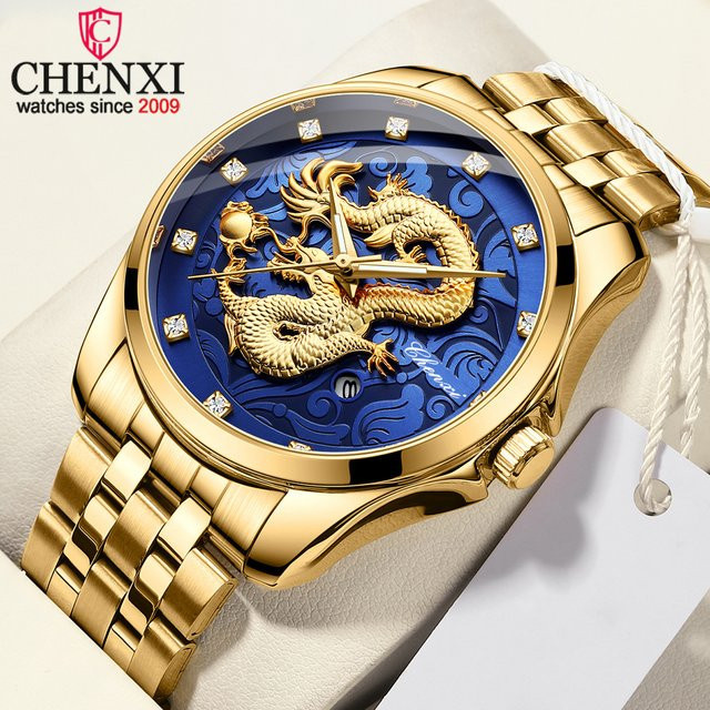 CHENXI Armbanduhr Edelstahl, Gold, Quarz, Herren, Blau, Datum, Leuchtzeiger - Bild 1