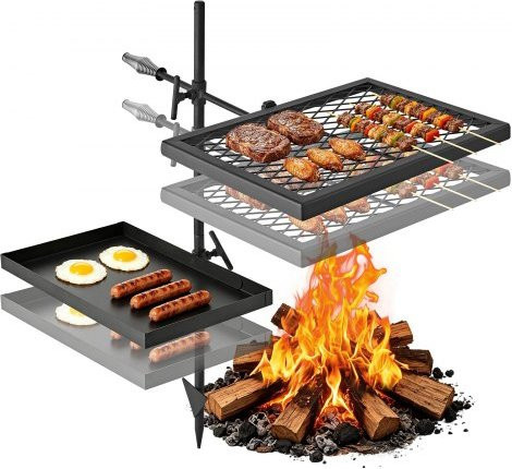 VEVOR Heavy Duty Camping Grill mit Schwenkfunktion und Doppelstock-Rost, tragbarer BBQ-Grill aus Stahl mit Grillplatte, höhenverstellbar für die Feuerschale, Schwarz, B/T/H: 84,0 x 72,0 x 43,5 cm - Bild 1