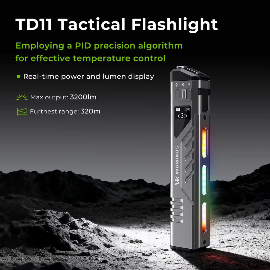 Wurkkos TD11 Taktische Taschenlampe in Schwarz mit 3000 Lumen, USB-C wiederaufladbar und Endschalter - Bild 2