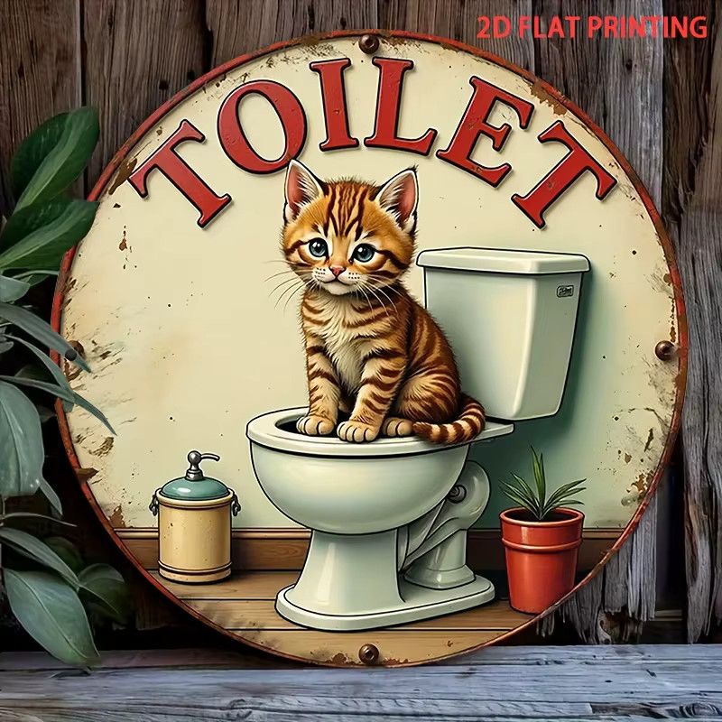 Vintage Badezimmerdekoration aus Metall mit orangefarbenem Tabby-Kätzchen und Toilettenschild von Potdemiel - Bild 4