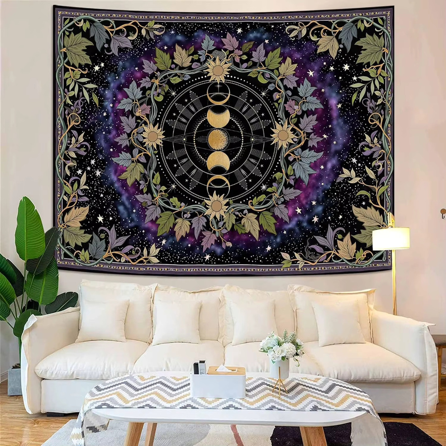 VIKAMA Wandteppich mit Hexen- und Blumenmuster, Boho Wandbehang mit Mondphasen und floralem Design in Multicolour - Bild 4