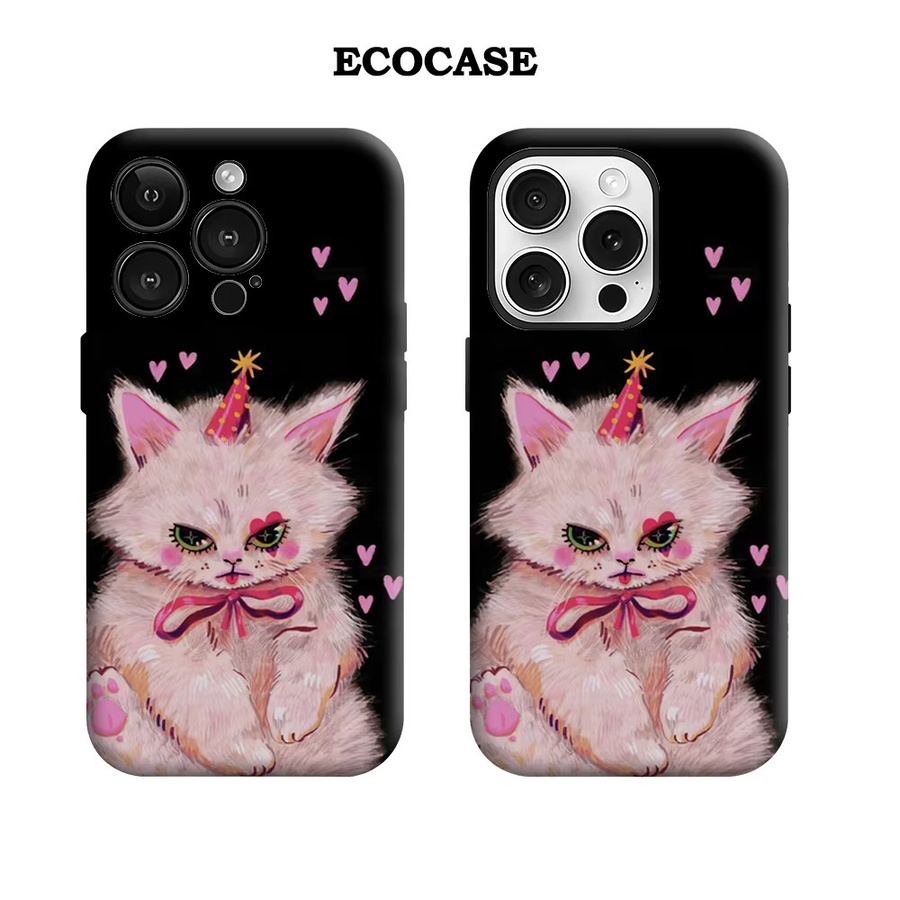 Potdemiel Handyhülle mit Rosa Herz und Kätzchen Design für iPhone 17 16 15 14 13 12 Pro Max Plus mit doppelschichtiger Rückseite in Pink und Schwarz - Bild 2