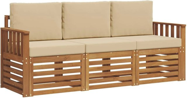 vidaXL Sofagarnitur 3-teilig aus Massivholz Akazie in Natur und Beige mit Sitz- und Rückenkissen im modernen Latten-Design - Bild 1