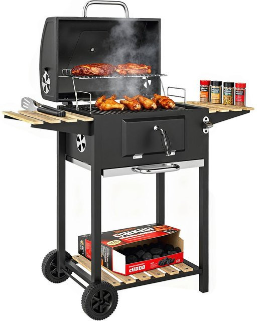 Outsunny Holzkohlegrill Kettle aus Edelstahl in Schwarz und Silber mit Deckel, Thermometer und emaillierten Grillrosten - Bild 1