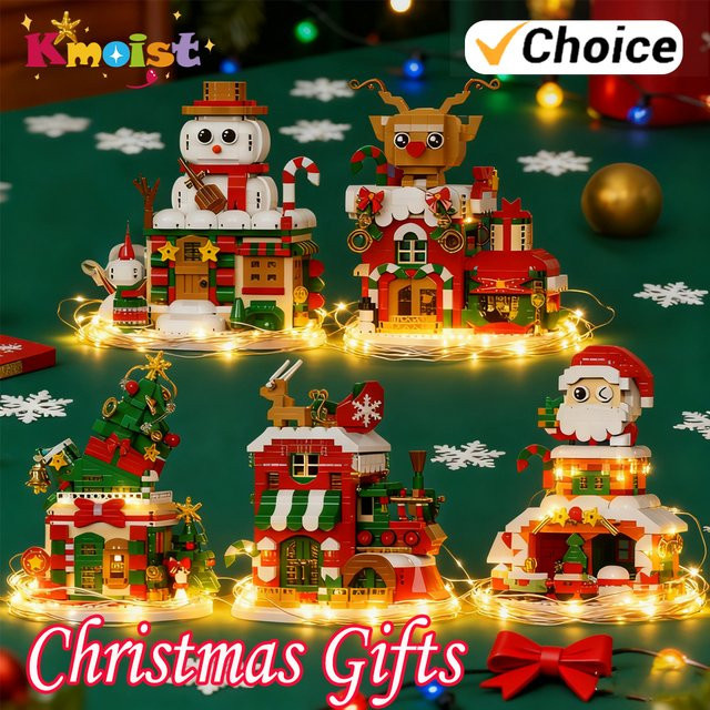 Kmoist Mini Bricks Winterdorf Figurenset mit Licht, Schneemann und Elch, Mehrfarbig - Bild 1