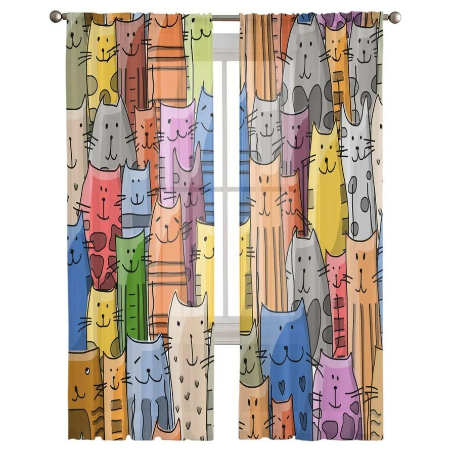 Yiran Furniture Transparentes Tüll-Fensterdekoration mit Katzen-Motiv in Multicolour, Breite: 135 cm, Höhe: 115 cm - Bild 1