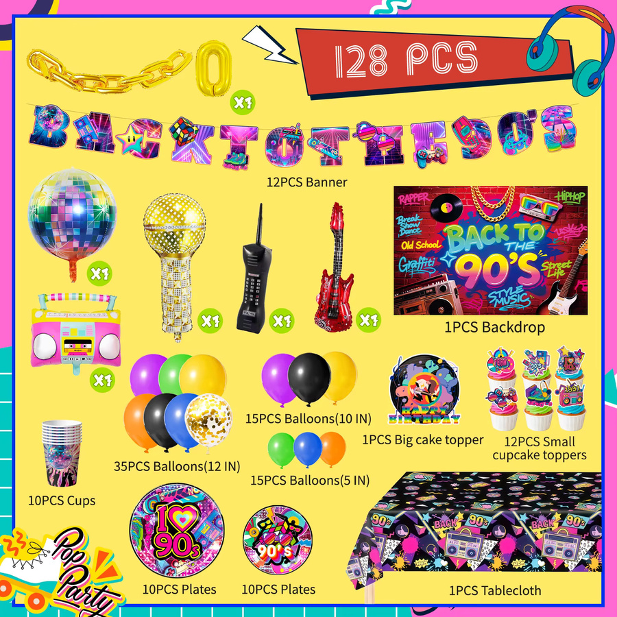 Potdemiel 128-teiliges 90er-Jahre Geburtstags-Dekorationsset in Multicolour mit Party-Banner, Luftballons, Kuchendekoration, Tellern und Servietten aus Papier im Retro-Stil - Bild 6