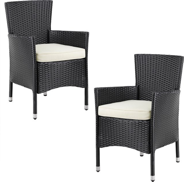CASARIA Polyrattan Gartenstuhl 2er-Set in Schwarz und Beige mit abnehmbaren Kissen, stapelbar - Bild 1