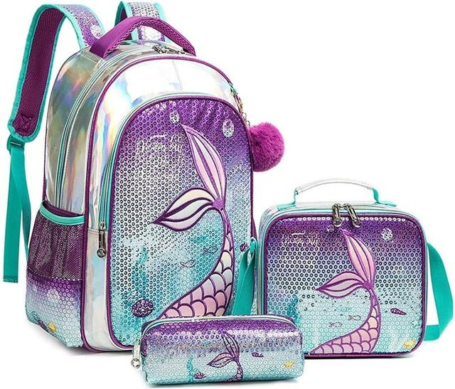 Meerjungfrauen Schulranzen-Set für Mädchen in Rosa und Multicolour mit Rucksack, Brotdose und Federmäppchen, Höhe: 42,0 cm - Bild 1