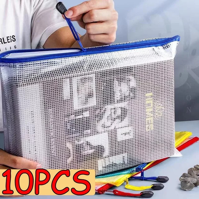 10er-Pack wasserdichte PVC-Mesh-Aufbewahrungstaschen mit Reißverschluss in Weiß für A3, A4 und A5 Dateien, Spielzeug oder Schreibwaren - Bild 1