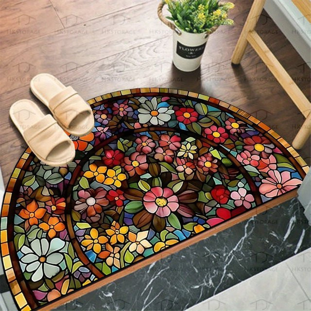VIKAMA Halbkreis-Fußmatte Amerikanische Vintage Blumen Rutschfest für Innen und Außen, Mehrfarbig, B/T: 60 x 40 cm - Bild 1