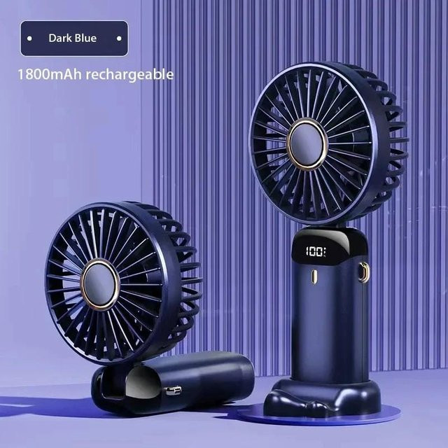 AlongChoice Mini-Ventilator, tragbarer und faltbarer USB-Ventilator mit 5 Geschwindigkeiten, Display und Telefonständer, blau - Bild 1