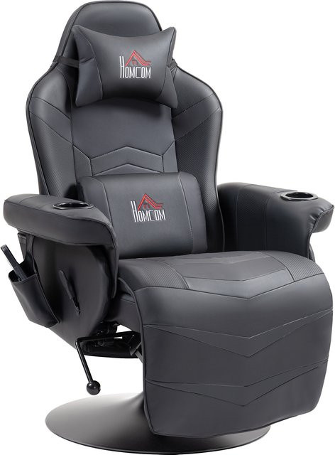 HOMCOM Gaming Stuhl mit Massagefunktion in Schwarz aus Kunstleder mit Fußstütze und 360 Grad Drehbarkeit, B/T/H: 79,5 x 82,5 x 111,5 cm - Bild 1