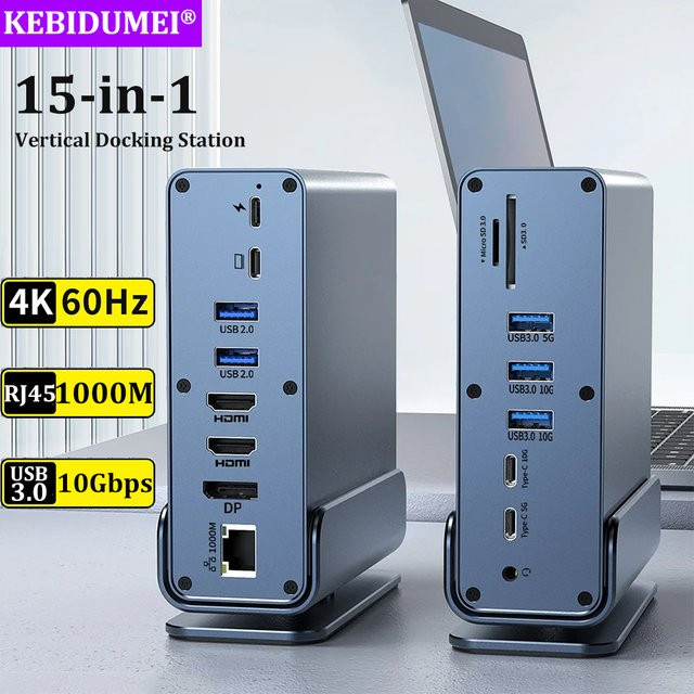 Kebidumei 15 in 1 USB C Docking Station in Grau mit HDMI, DisplayPort 4K UHD, RJ45 Gigabit Ethernet, USB 3.0, PD 3.0, SD/TF Kartenleser und 3,5 mm Audio Anschluss - Bild 1