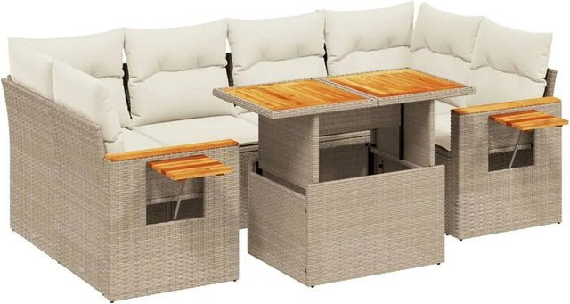 vidaXL 7-tlg Garten-Sofagarnitur aus Poly-Rattan und Akazienholz in Beige und Cremeweiß mit Kissen - Bild 1