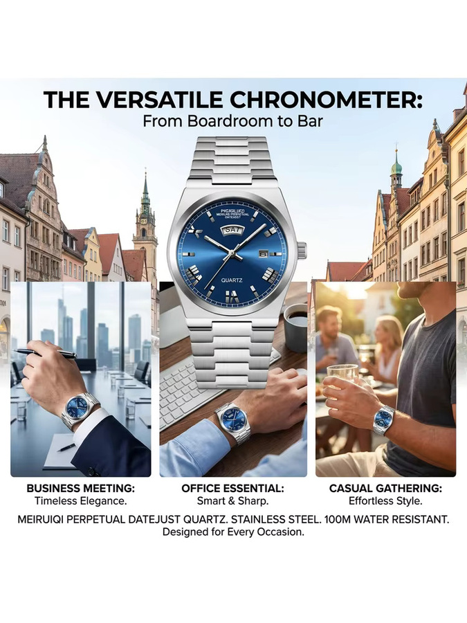 MEIRUIQI Armbanduhr, Quarz, blaues Zifferblatt, Edelstahl, Herren - Bild 7