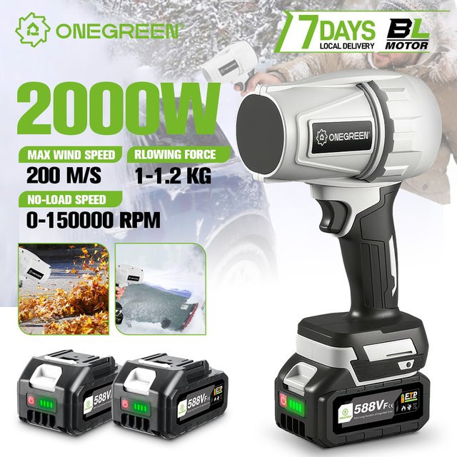 ONEGREEN Bürstenloser elektrischer Turbogebläse-Staubsauger und kabelloser Laubbläser in Weiß, kompatibel mit Makita 18V Akku, 2000W und 150000RPM - Bild 1