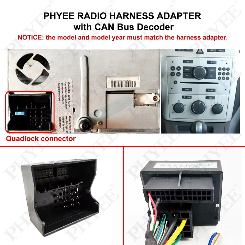 PHYEE Quadlock-Kabelbaum CAN-Bus-Decoder mit SWC-Retention, 16-poliger P&P Android-Funkadapter für Opel Astra H, Corsa D, Vectra C und Meriva A - Bild 2