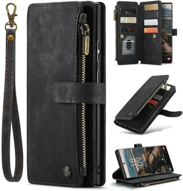 Leder Portemonnaie Handy Hülle mit Reißverschluss und Klappständer für Samsung Galaxy S26 Plus S25 Ultra S24 FE S23 S22 S21 S20 in Rot, Schwarz, Blau oder Braun - Bild 1