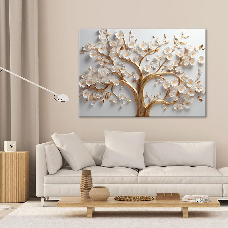 Feeby Leinwandbild 3D Blühender goldener Glamourbaum Floral in Weiß und Gold, B: 60 cm, H: 40 cm - Bild 2