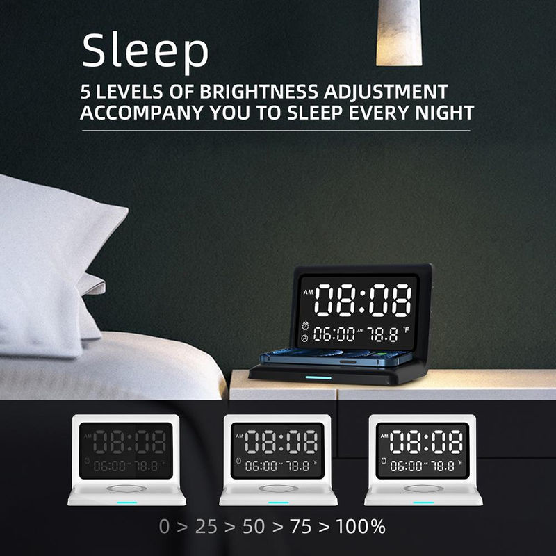 Tooarts Multifunktionale digitale Spiegeluhr mit 15 W kabellosem Ladewecker und dimmbarem Display in Schwarz - Bild 7
