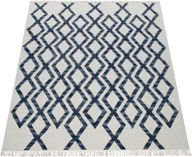 Wollteppich Kenolia Blau mit Rauten-Design im skandinavischen Stil, B/T: 120 x 170 cm - Bild 1