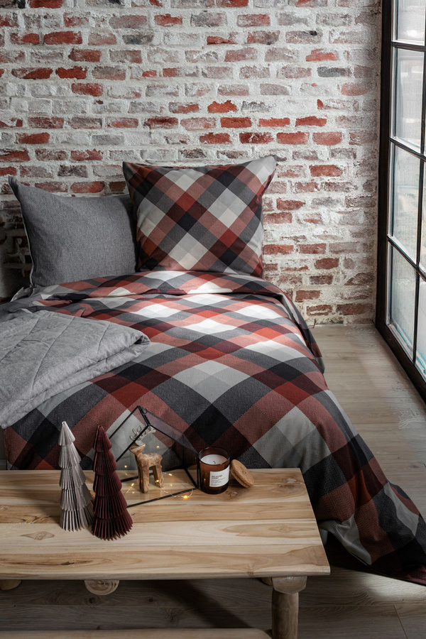 Fleuresse Aspen Biber Bettwäsche Karo Streifen Braun Rost Grau Baumwolle B/H: 155 x 220 cm mit Kissenbezug 80 x 80 cm - Bild 1
