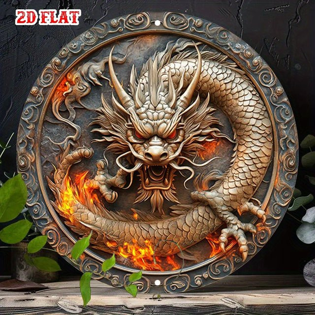 CIFBUY Feuerdrachen Wandkunst aus Metall, Runde Drachen-Wanddekoration in Multicolour für Wohnzimmer und Büro - Bild 1