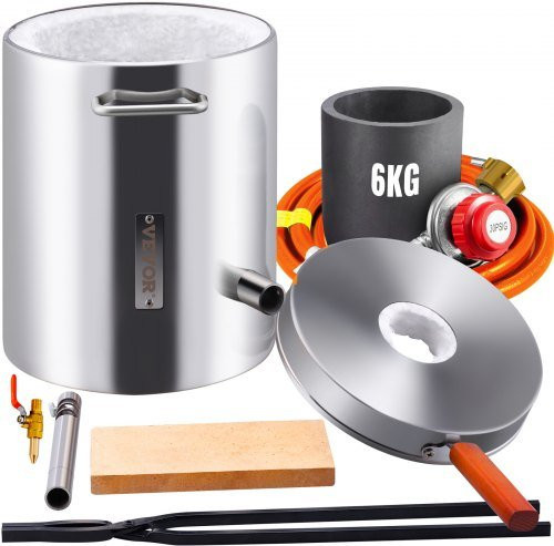 VEVOR Propan Schmelzofen aus Edelstahl in Silber mit 6 kg Kapazität, Gas Schmelzofen bis 1482 Grad Celsius inklusive Brenner und Tiegel für Kupfer, Aluminium, Gold und Silber - Bild 1