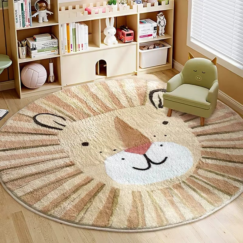VIKAMA Runder Plüschteppich mit Löwenmuster in Beige für Schlafzimmer und Wohnzimmer - Bild 1