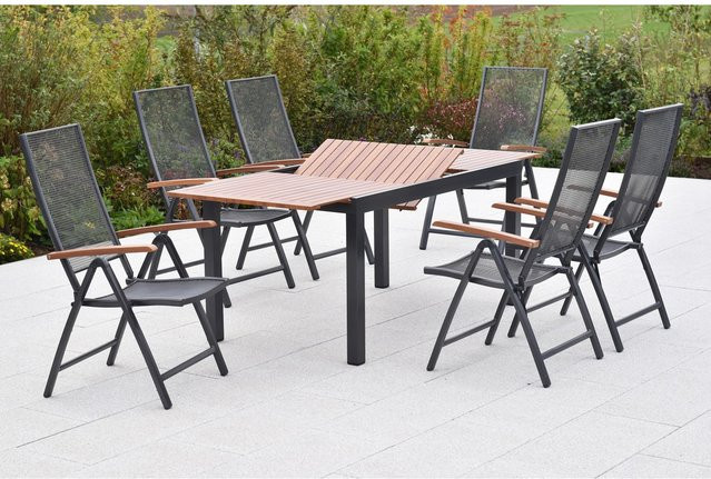 Merxx Thasos Gartenmöbel-Set 7-tlg. aus Aluminium in Schwarz mit ausziehbarem Tisch in Holzoptik und 6 Klappsesseln, B/T: 150 x 90 cm (ausziehbar auf 200 x 90 cm) - Bild 1