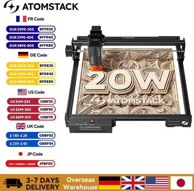 ATOMSTACK A20 PRO V2 Lasergraviergerät mit 20W Leistung, 0,08mm Ultra-Feiner Punkt, Offline-Gravur und 32-Bit-Chipsatz für Holz, Metall und Glas, Farbe: Schwarz - Bild 1