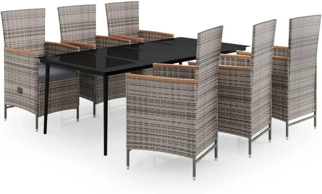 vidaXL 7-teilige Garten-Essgruppe aus PE-Rattan und Akazienholz in Grau-braun mit Glasplatte und Auflagen - Bild 1