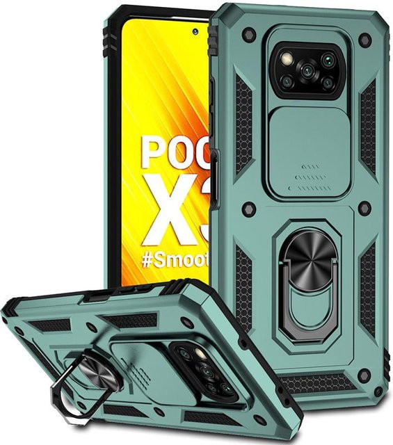 Stoßfeste Panzerhülle für Xiaomi Pocophone Poco X3 Pro und Poco X3 NFC mit Autohalterung und Kameraobjektivschutz in Grün - Bild 1