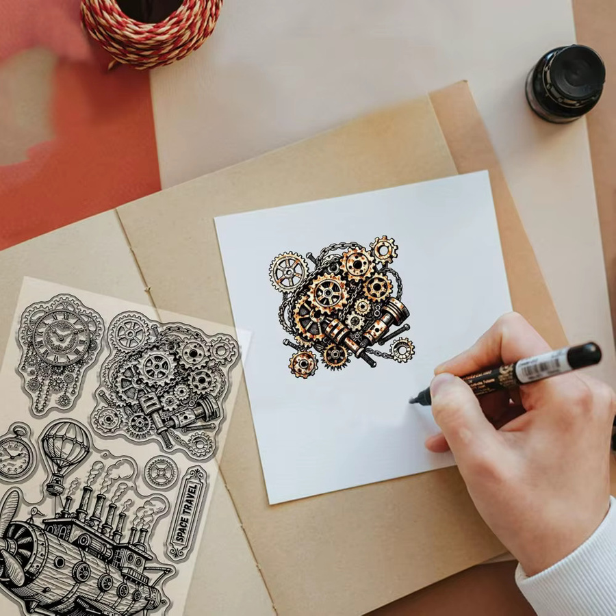 Transparente Silikonstempel im Vintage Steampunk Design mit Zahnrädern, mechanischen Uhren und Heißluftballon für kreative Gestaltungen - Bild 2
