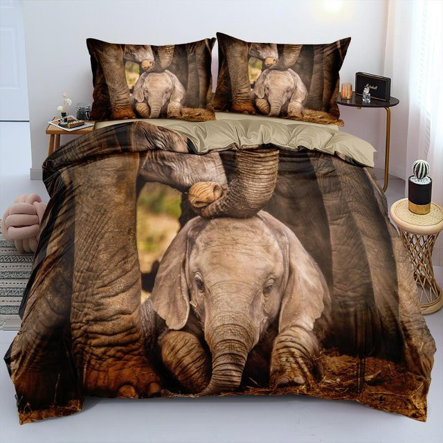 Aomy Bettwäsche-Set mit 3D-Elefant-Muster in Braun, bestehend aus Bettbezug und Kissenbezug, B/H: 135 x 200 cm - Bild 1