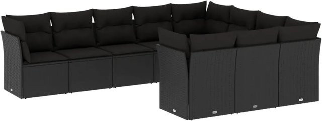 vidaXL 10-tlg. Garten-Sofagarnitur in L-Form aus Poly-Rattan mit Kissen, Schwarz - Bild 1
