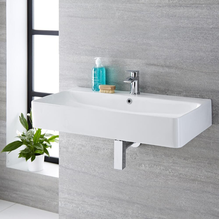 Rechteckiges Hängewaschbecken aus Keramik von Exton in Weiß und Beige mit Überlauf und 1-Hahnloch, B: 80 cm, T: 41,5 cm, H: 15,5 cm - Bild 1