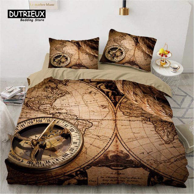Wucifang Bags Bettwäsche Set Vintage Weltkarte mit Nautischem Kompass in Beige, B/H: 135 x 200 cm - Bild 1