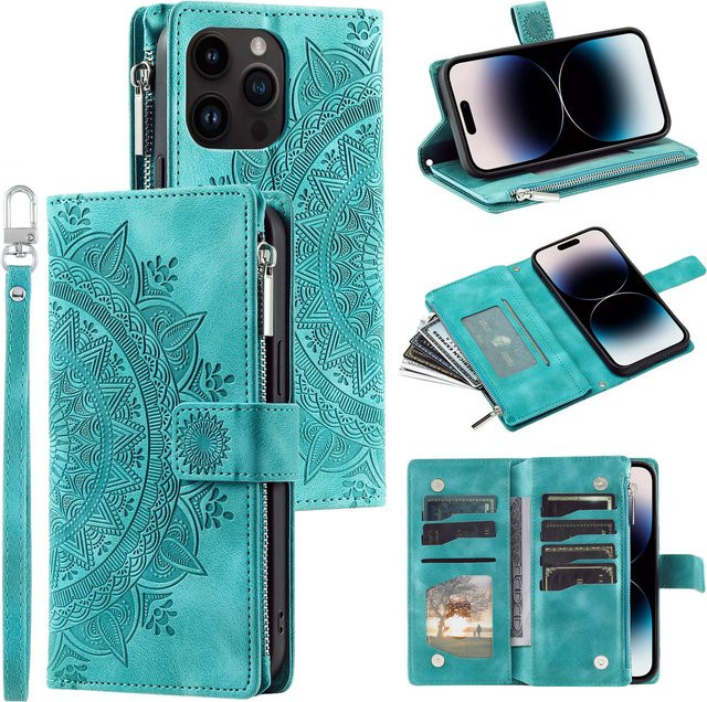 HQBBRO Leder Brieftasche mit Reißverschluss und Kartenfach als Handyhülle für iPhone 11 bis iPhone 15 Pro Max in Schwarz oder Türkis - Bild 1