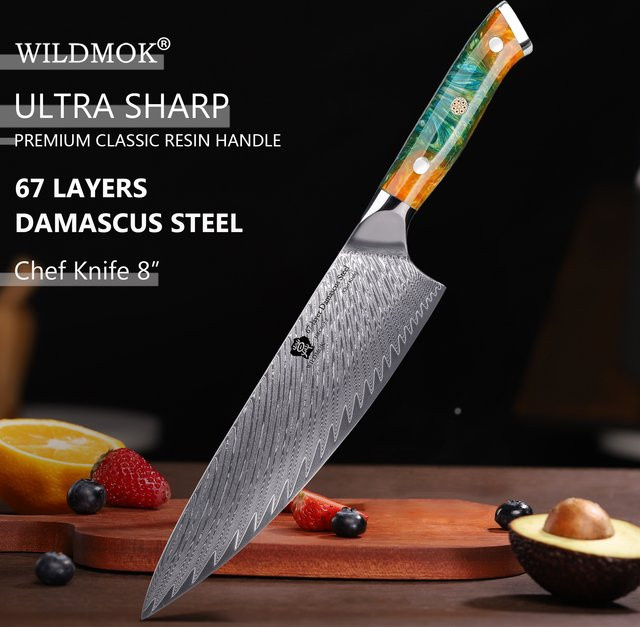 WILDMOK Profi Kochmesser aus 67-Lagen Damaskus VG10 Hochkarbon-Stahl mit orangefarbenem Kunstharzgriff, 8 Zoll (Breite: 20,32 cm) - Bild 1